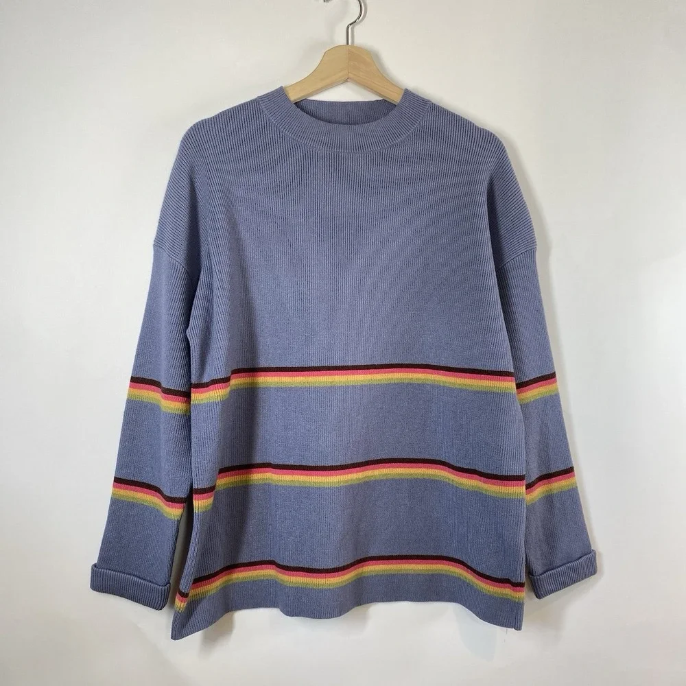 Lillusory Women's Blue Striped Long Sleeve Knit Sweater Size S NWT Crew Neck